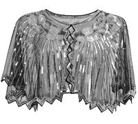 Ausing Women's 1920s Shawl Sequin Evening Cape Flapper Shrug Great Gatsby Retro Tulle Shawls Vintage Mesh Shawl Wraps Shiny Short Art Deco Wrap Bridal Party Wedding Cover Up Black Silver