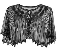 Ausing Women's 1920s Shawl Sequin Evening Cape Flapper Shrug Great Gatsby Retro Tulle Shawls Vintage Mesh Shawl Wraps Shiny Short Art Deco Wrap Bridal Party Wedding Cover Up Black