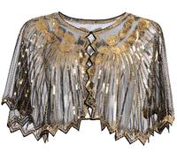 Ausing Women's 1920s Shawl Sequin Evening Cape Flapper Shrug Great Gatsby Retro Tulle Shawls Vintage Mesh Shawl Wraps Shiny Short Art Deco Wrap Bridal Party Wedding Cover Up Black Gold