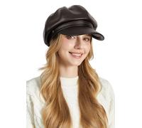 Ausing Women's Beret Faux Leather Hat for Women UK Brown Octagonal Newsboy Hats Baker Boy PU Leather Hat Ladies Peaked French Beret Classic Artist Painter Cap Vintage Visor Basque Berets Winter Fall