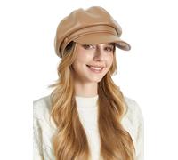 Ausing Women's Beret Faux Leather Hat for Women UK Khaki Octagonal Newsboy Hats Baker Boy PU Leather Hat Ladies Peaked French Beret Classic Artist Painter Cap Vintage Visor Basque Berets Winter Fall