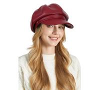 Ausing Women's Beret Faux Leather Hat for Women UK Red Octagonal Newsboy Hats Baker Boy PU Leather Hat Ladies Peaked French Beret Classic Artist Painter Cap Vintage Visor Basque Berets Fall Winter