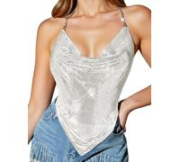 Ausing Women's Cami Sequin Blouses Sequined Sparkly Outfits for Women Sexy Party Tops Short Glitter Top Carnival Cowl Halter Neck Vest Silver Elegant Sparkle T Shirt Halterneck Deep V Neck Tshirt S