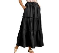 Ausing Womens Chiffon Long Skirt with Pockets for Women UK Midi Summer Skirt Ladies Pleated Maxi Skirts Elastic Elasticated Waist Ruffle Skirts High Waisted Printed Dress A Line Tiered Dresses Black S