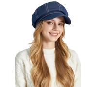 Ausing Women's Denim Beret Cotton Jean Hat for Women UK Blue Octagonal Newsboy Hats Baker Boy Fiddler Hat Ladies Cabbie Peaked French Beret Classic Artist Painter 8 Panel Cap Vintage Basque Visor