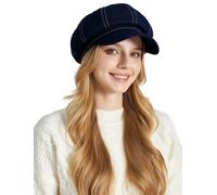 Ausing Women's Denim Beret Cotton Jean Hat for Women UK Dark Blue Octagonal Newsboy Hats Baker Boy Fiddler Hat Ladies Cabbie Peaked French Beret Classic Artist Painter 8 Panel Cap Vintage Basque Visor