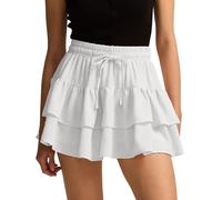 Ausing Womens Elastic Elasticated Waist Mini Skirts Ladies High Waisted Summer Shorts Women's A Line Ruffle Skort Boho Pleated Skorts Above Knee Length Short Skirt Tennis Layered Tiered Skirt White M