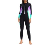 Ausing Women's Full Body Bathing Suit Zip Front Surfing Diving Suit Long Sleeve Rash Guard One Piece Zip Quick Dry XS(Tag S) Black Green