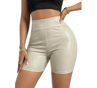 Ausing Women's Going Out Faux Leather Jeans Patent Mini Jeans Ladies PVC Metallic Shorts Rave Booty Shorts Stretchy Micro Hot Pants Tummy Control Short Trousers Sheen Shiny Hotpants Champagne M