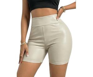 Ausing Women's Going Out Faux Leather Jeans Patent Mini Jeans Ladies PVC Metallic Shorts Rave Booty Shorts Stretchy Micro Hot Pants Tummy Control Short Trousers Sheen Shiny Hotpants Champagne M