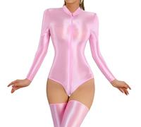 Ausing Womens Gym Thong Outfit Sparkly Long Sleeve Bodysuits Uk Shiny Oil Glossy Bodysuit Gymnastics Sexy Leotard 80S Sheer Leotards Ballet See Through Body Suit Clubbing Zip Up Front Catsuit Pink XL