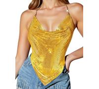 Ausing Women's Halterneck Sequin Clothes Sleeveless Sparkly Outfit UK Night Going Out Party Camisole Evening Glitter Tops Tank Cowl Halter Neck Top Gold Crop Sparkle Vests Cami Deep V Neck Blouse L