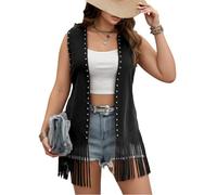 Ausing Women's Hippie Cowgirl Outfit Ladies Country Cowboy Waistcoat for Women UK Cow Girl Fringe Vest 70S Tassel Jacket Fancy Dress Western Top Winter Vests Chic Gilets Shirts Tshirt Black XXL