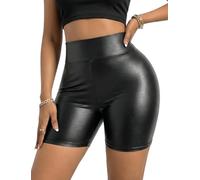Ausing Women's Latex Faux Leather Hot Pants Wet Leather Look Mini Trousers High Waisted Metallic Hotpants Sexy Booty Leggings Dance Micro Jeans Halloween Short Shorts Pu Leather Shiny Shorts Black M