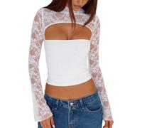 Ausing Women's Long Bell Sleeve Hollow Out Tops Party Lace Top Crop V Neck T Shirt Ladies Casual Evening Shirts Corset Going Out Blouse Fitted Sexy Blouses Y2K S-L