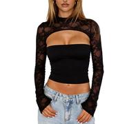 Ausing Women's Long Bell Sleeve Hollow Out Tops Party Lace Top Crop V Neck T Shirt Ladies Casual Evening Shirts Corset Going Out Blouse Fitted Sexy Blouses Y2K S-L