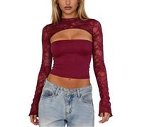 Ausing Women's Long Bell Sleeve Hollow Out Tops Party Lace Top Crop V Neck T Shirt Ladies Casual Evening Shirts Corset Going Out Blouse Fitted Sexy Blouses Y2K S-L