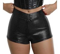 Ausing Women's Low Waisted Pu Faux Leather Hotpants Black Sexy Mini Leggings Dance Metallic Jeans Sparkly Booty Shorts Latex Micro Shorts Wet Leather Look Short Hot Pants Low Waisted Shiny Trousers S