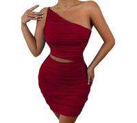 Ausing Women's One Shoulder Mini Dress Short Spaghetti Strap Bodycon Dress Pleated Sleeveless Sexy Ruched Clubbing Dresses for Women Hollow Cut Out Backless Slim Fit Dresses Party Cocktail Wine Red M