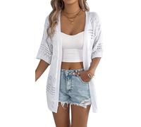 Ausing Women's Open Front Summer Cardigan Knit 3/4 Sleeve Tops Casual Lightweight Hollow Out Jacket Midi Long Beach Cover Ups Tops Kimono Sweater Comfy Fashion Vacation Knitted Coat S-2XL
