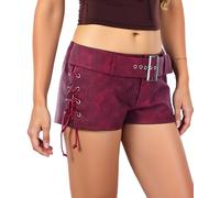 Ausing Women's Pvc Faux Leather Shorts Wine Red Rave Mini Shorts Women Stretchy Metallic Hot Pants Sparkly Booty Trousers Latex Micro Hotpants Wet Leather Look Short Leggings Low Waisted Shiny Jeans M