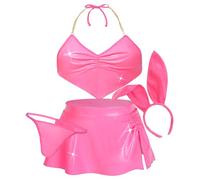 Ausing Women's Sexy Bunny Cosplay Halloween Costume Shiny Metallic Lingerie Set Bra Mini Skirt Thong Headband Set Ladies Bunny Rave OutfitsM Pink