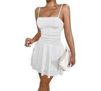 Ausing Women's Spaghetti Strap Mini Dress Sexy Slip Flared Dress Short Strappy Ruched Clubbing Dresses for Women Sleeveless Backless Pleated Cami Clubwear Bodycon Midi Skirt Party Cocktail White M