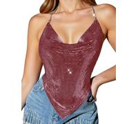 Ausing Women's Summer Sequin Top Sparkling Sparkly Vest Y2K Party Tshirt Shiny Glitter Clothing Clubbing Cowl Halter Neck Vests Wine Red Sleeveless Sparkle T-Shirt Night Going Out Deep V Neck Tops XL