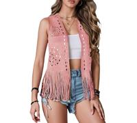 Ausing Women's Vintage Cowgirl Vest Ladies Boho Cowboy Gilet for Women UK Casual Fringe Cardigan Crop Tassel Coat Hollow Out Western Waistcoat Loose Vests Solid Gilets Shirts Tshirt Pink M