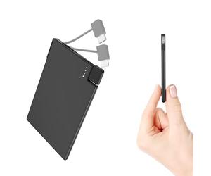 Auskang Slim Power Bank with Built-in Cable 2500mAh, [USB C version] The Most Lightweight Battery Bank and Thinnest Portable Phone Charger - Credit Card Size