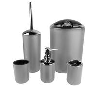 Ausla 6-Piece Bathroom Accessory Set, Plastic, Grey, Toothbrush Holder, Cup, Soap Dish, Toilet Brush, Trash Can, Lotion Dispenser
