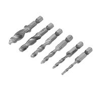 Ausla 6PCS Combination Tap Set, HSS Hex Shank Tap with Ti Coating, 3 in 1 Spiral Flute Drill Taps for Drilling Tapping Chamfering, for Industrial Repair Wood Processing (Silver)