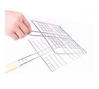 Ausla Grill Basket, Portable Barbecue Grilling Basket with Wooden Handle, Foldable Wire Grid Roast for Fish Meat Vegetables, Ideal for Outdoor Cooking, Easy Flip, Compact (As Shown)