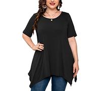 AusLook Plus Size Women's Tunic 3/4 Sleeve Clothes Swing Babydoll Top Side Split Crewneck Blouse Flowy Shirts 1X-5X, C-black Short Sleeve, 2X