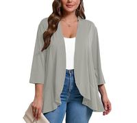 AusLook Women's Plus Size 3/4 Sleeve Lightweight Open Front Cardigan Light Gray 3X Draped Ruffles Causal Cover Ups Shrugs Tops Shawls and Wraps Kimono Jacket Coat