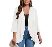 AusLook Women's Plus Size 3/4 Sleeve Lightweight Open Front Cardigan White 2X Draped Ruffles Causal Cover Ups Shrugs Tops Shawls and Wraps Kimono Jacket Coat