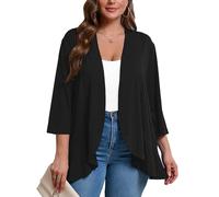 AusLook Women's Plus Size 3/4 Sleeves Lightweight Open Front Cardigan Draped Ruffles Shawls and Wraps Shrugs Kimono Jacket, A01-black, 4X