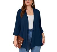 AusLook Women's Plus Size Lightweight Open Front Cardigan Dark Blue 1X Causal 3/4 Sleeve Cover Ups Shrugs Tops Shawls and Wraps Kimono Jacket Coat