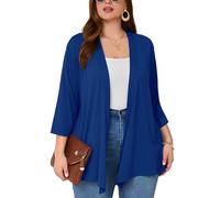 AusLook Women's Plus Size Lightweight Open Front Cardigan Klein Blue 1X Causal 3/4 Sleeve Cover Ups Shrugs Tops Shawls and Wraps Kimono Jacket Coat