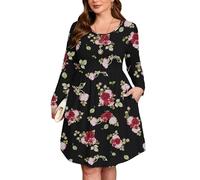 AusLook Women's Plus Size Long Sleeve Midi Dress Casual Empire Waist Loose Flowy Dresses A-Line Boho Long Dress with Pockets, Midnight Red Rose, 5X