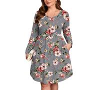 AusLook Women's Plus Size Long Sleeve Midi Dress Casual Empire Waist Loose Flowy Dresses A-Line Boho Long Dress with Pockets, Slate Gray Watercolor Bouquet, 3X