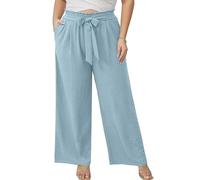 AusLook Women's Plus Size Wide Leg Pants with Pockets Blue Gray 3X Lightweight High Waisted Tie Knot Paperbag Dressy Palazzo Loose Paper Bag Comfy Business Casual Work Flowy Dress Trousers
