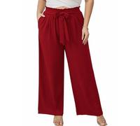 AusLook Women's Plus Size Wide Leg Pants with Pockets Burgundy 3X Lightweight High Waisted Tie Knot Paperbag Dressy Palazzo Loose Paper Bag Comfy Business Casual Work Flowy Dress Trousers