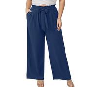 AusLook Women's Plus Size Wide Leg Pants with Pockets Dark Blue 2X Lightweight High Waisted Tie Knot Paperbag Dressy Palazzo Loose Paper Bag Comfy Business Casual Work Flowy Dress Trousers