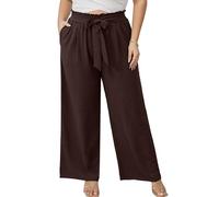 AusLook Women's Plus Size Wide Leg Pants with Pockets Dark Brown 3X Lightweight High Waisted Tie Knot Paperbag Dressy Palazzo Loose Paper Bag Comfy Business Casual Work Flowy Dress Trousers