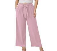 AusLook Women's Plus Size Wide Leg Pants with Pockets Pink 1X Lightweight High Waisted Tie Knot Paperbag Dressy Palazzo Loose Paper Bag Comfy Business Casual Work Flowy Dress Trousers