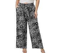 AusLook Women's Plus Size Wide Leg Pants with Pockets White Flower Black 4X Lightweight High Waisted Tie Knot Paperbag Dressy Palazzo Loose Paper Bag Comfy Business Casual Work Flowy Dress Trousers