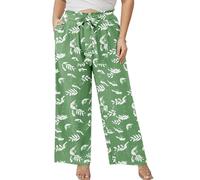 AusLook Women's Plus Size Wide Leg Pants with Pockets White Flower Green 3X Lightweight High Waisted Tie Knot Paperbag Dressy Palazzo Loose Paper Bag Comfy Business Casual Work Flowy Dress Trousers