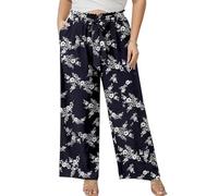 AusLook Women's Plus Size Wide Leg Pants with Pockets White Flower Navy 2X Lightweight High Waisted Tie Knot Paperbag Dressy Palazzo Loose Paper Bag Comfy Business Casual Work Flowy Dress Trousers