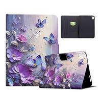 AUSMIX Case for iPad A16 11th Generation 11 inch 2025, iPad 10th Generation 10.9 inch 2022, Cute PU Leather Stand Cover, Auto Wake/Sleep Smart Shell with Pencil Holder,Purple Flower Saucer